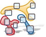 The Code Gestalt Logo: Several little boxes in the foreground are connected by three colorfull shapes that look like bublegum.